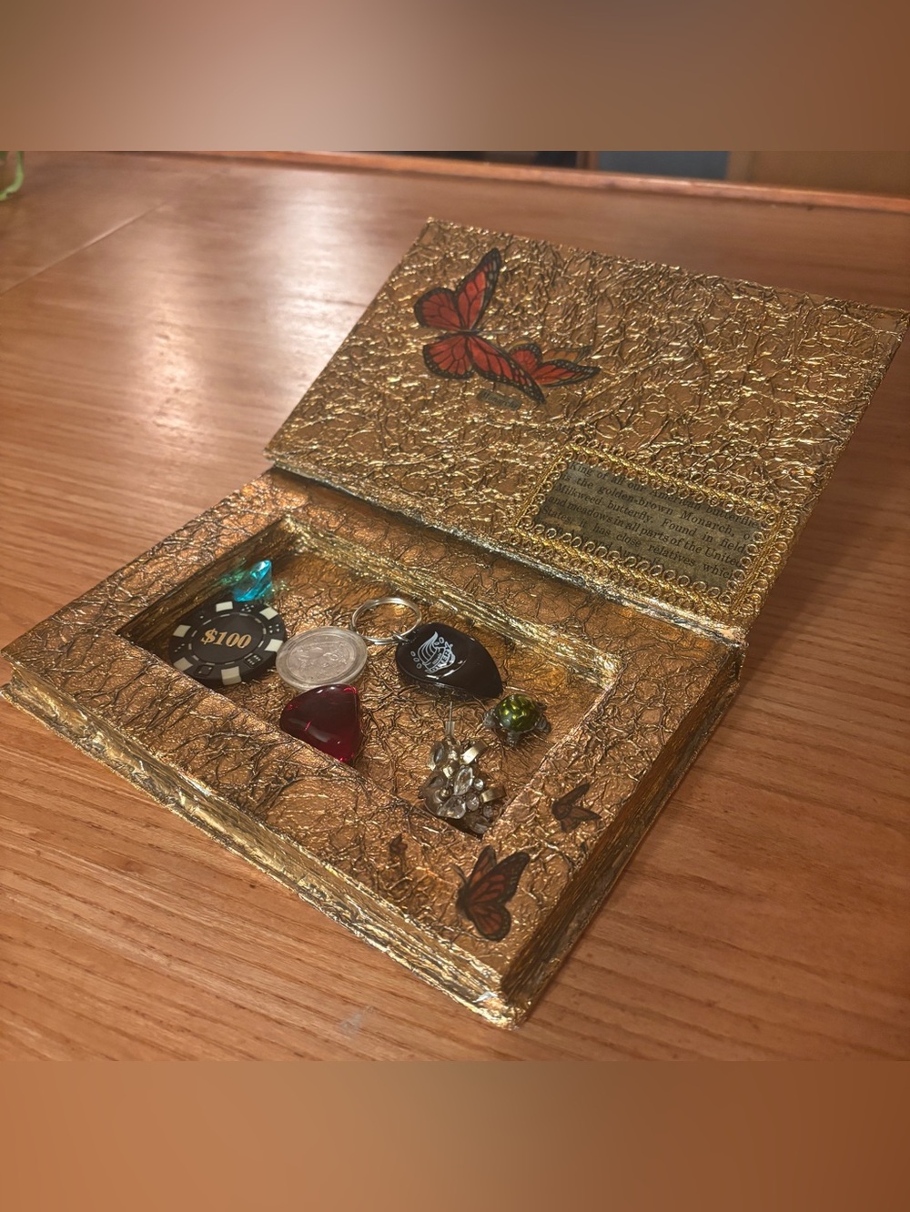 Gold Monarch Butterfly Trinket Book/Box - Secret Storage Compartment